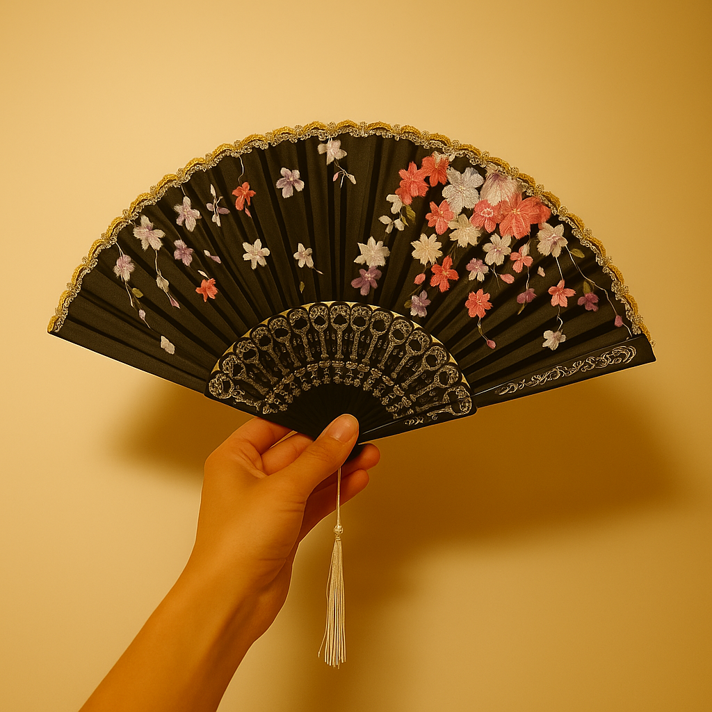 Abanico de seda negro con flores