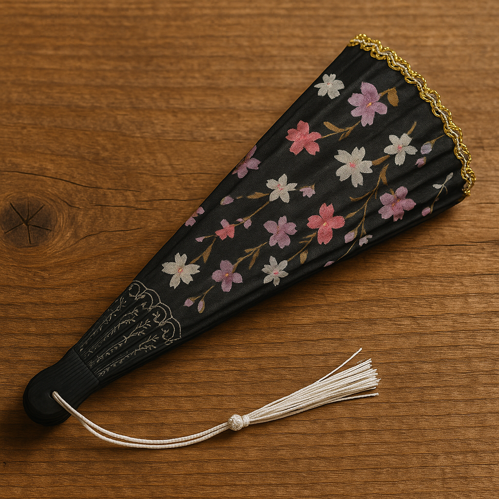 Abanico de seda negro con flores