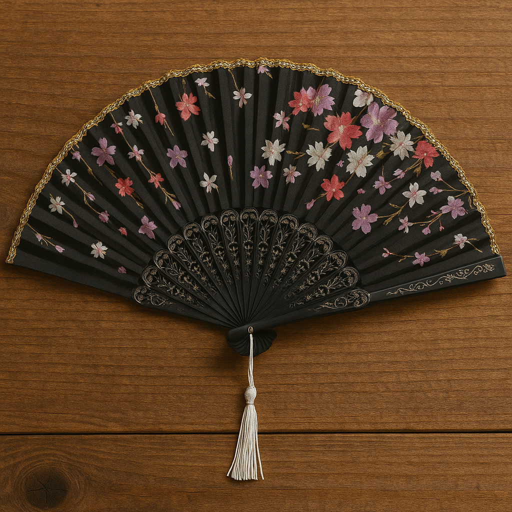 Abanico de seda negro con flores
