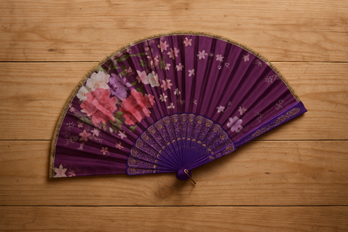 Abanico de seda con flores moradas